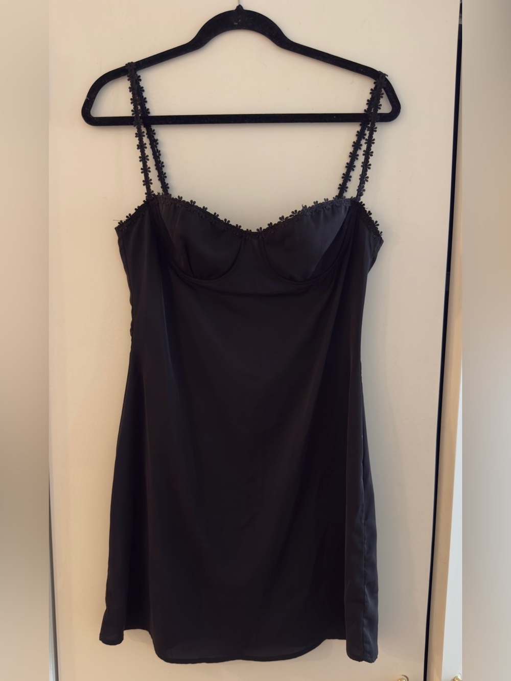 Women’s Black Mini Slip Dress with Lace-Trim Straps - Picture 2 of 4